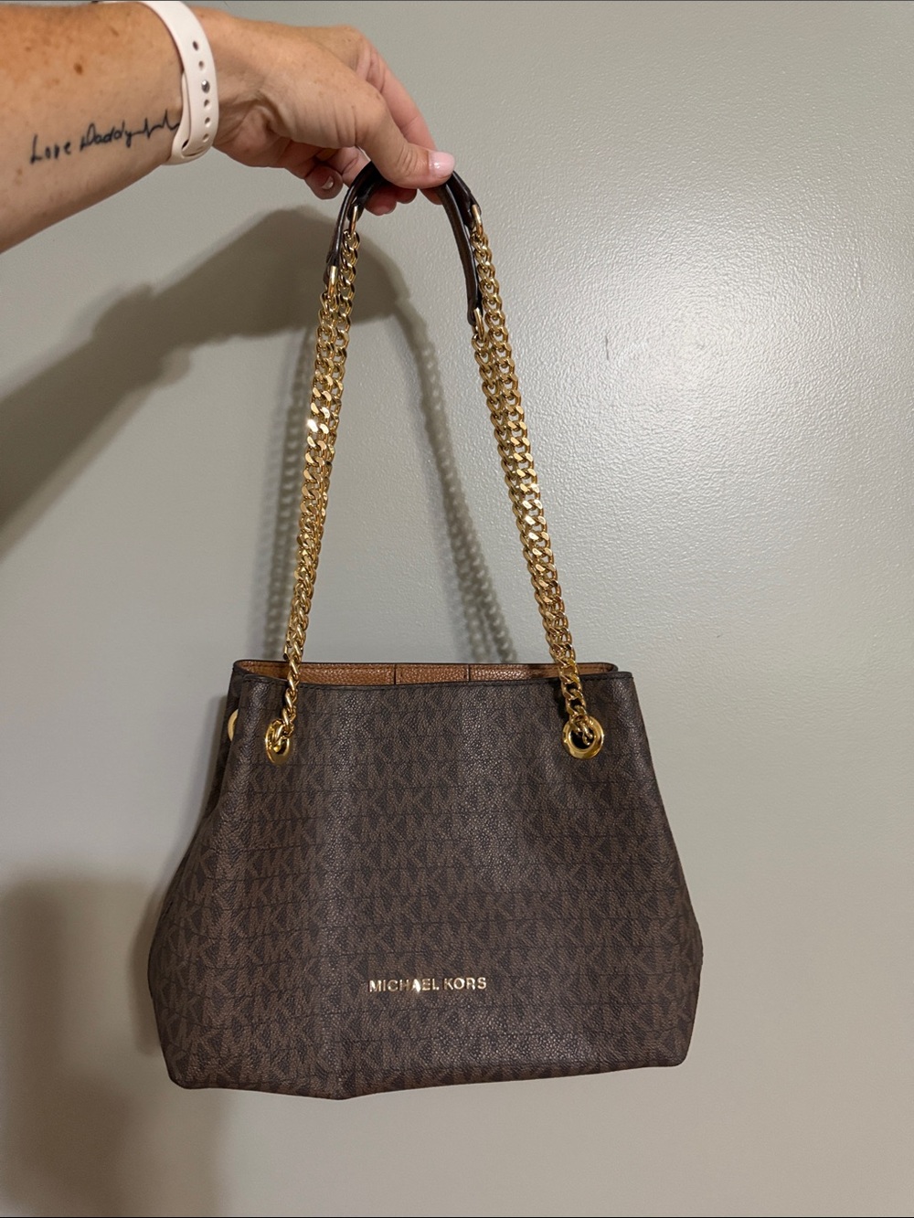 Michael Kors Brown Logo Shoulder Bag with Gold Chain Straps